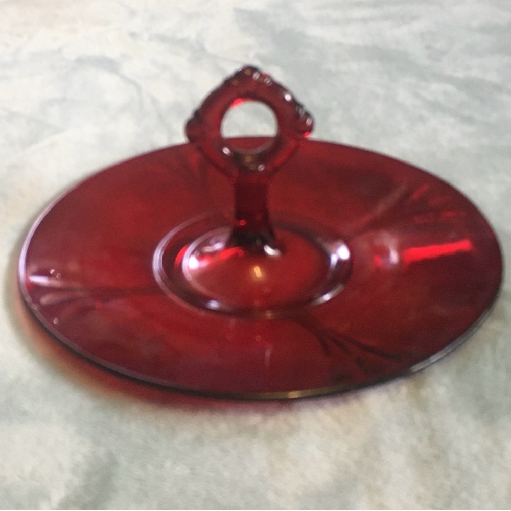 Red dish with center handle, Crows foot ruby collection by Paden City